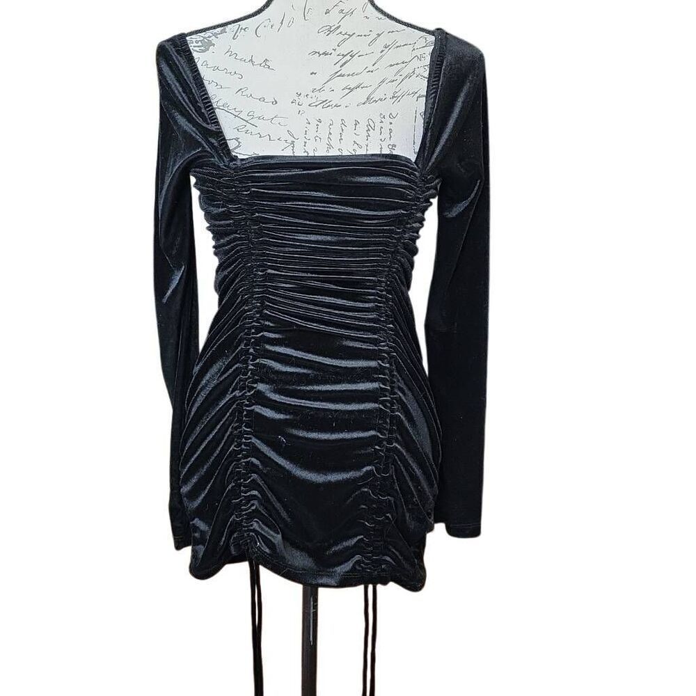 Wild Fable Women's Size XS Black Velvet Long Sleeve Ruched Bodycon Dress